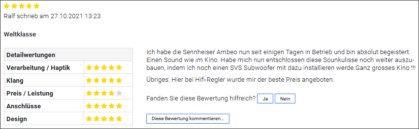 Kundenbewertung der Sennheiser AMBEO von Ralf
