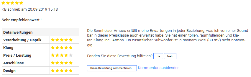 Kunden-Bewertung der Sennheiser AMBEO von KB