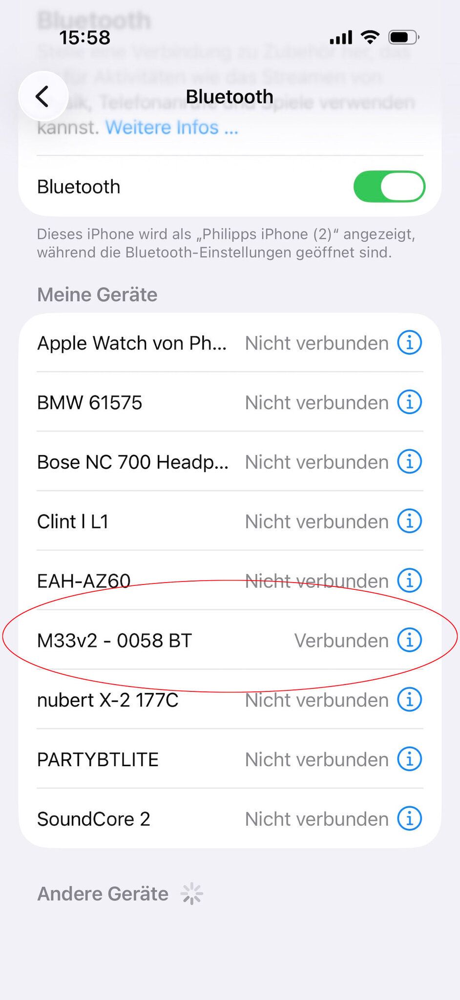 Hier ist das Gerät (NAD M33 V2) bereits verbunden.