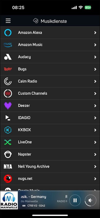 Screenshot: Verfügbare Musikdienste in der BluOS App