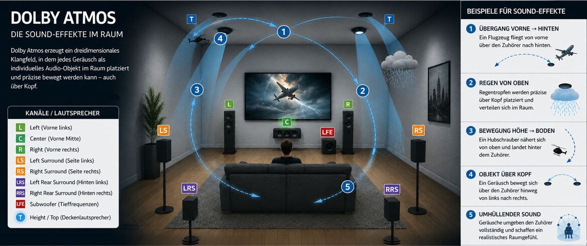 Schemtische Darstellung der Sound-Effekte mit Dolby Atmos