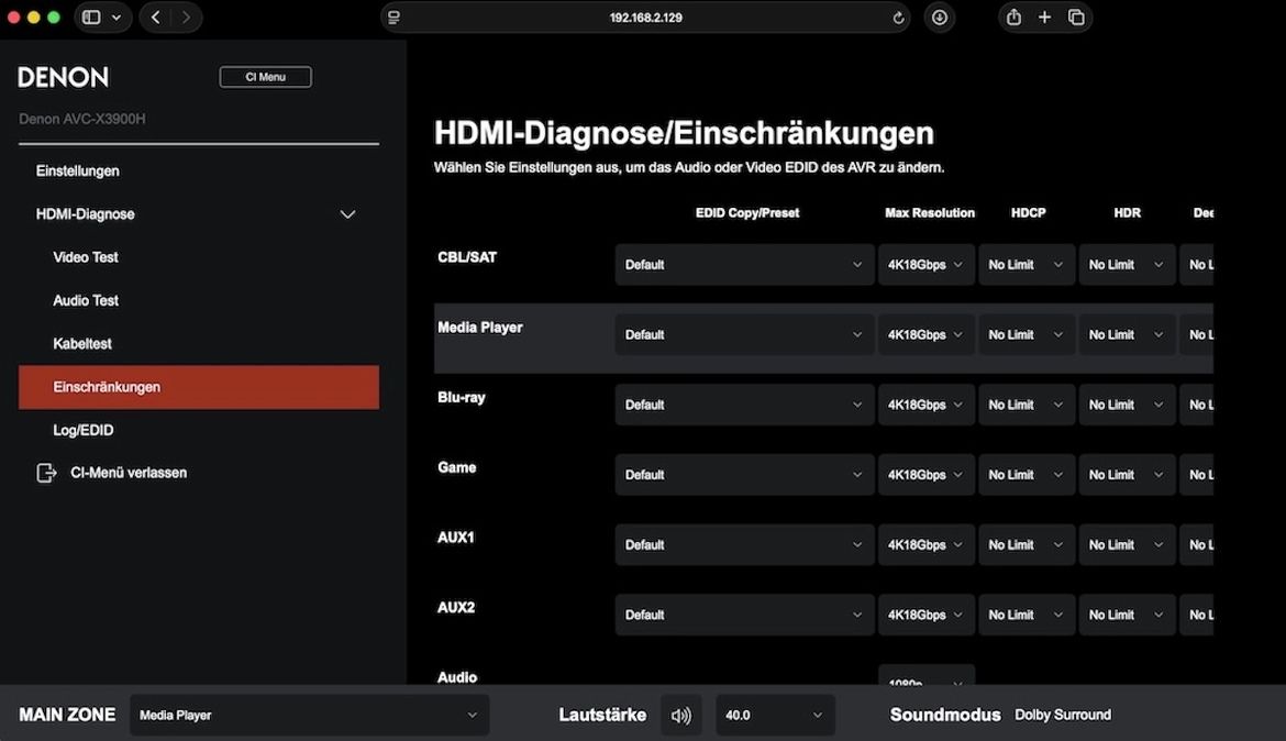 Screenshot Web-Benutzeroberfläche und HDMI-Diagnosemöglichkeiten