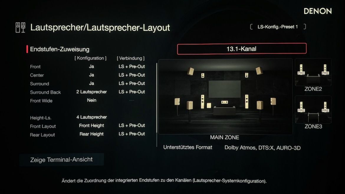 Hier sehe Sie Lautsprecher-Konfiguration für Dolby Atmos, DTS:X oder Auro-3D