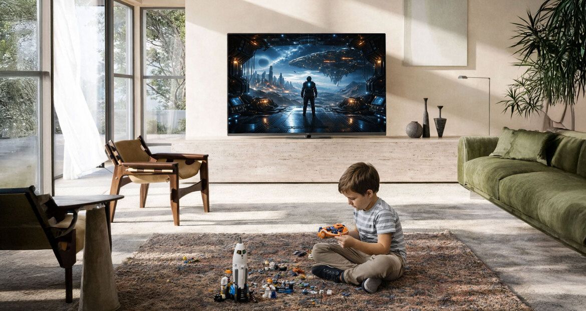 Ein Fernseher mit großer Bilddiagonale kann als bestimmendes Element im Wohn-Ambiente wirken.