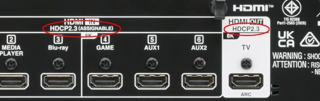 HDMI-Anschlüsse auf der Rückseite des Denon DRA-900H mit HDCP-Hinweis