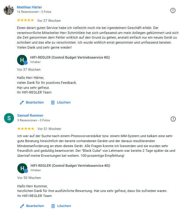 Auszug aus unseren Bewertungen bei Google