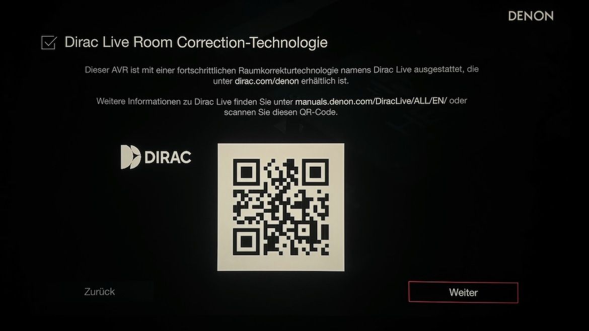 Hier sehen Sie die Anzeige einer Dirac Live Raumkorrektur auf dem Display