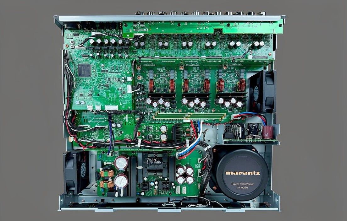 Blick ins Innere der Mehrkanal-Endstufe. Rechts unten: Der große Ringkern-Trafo