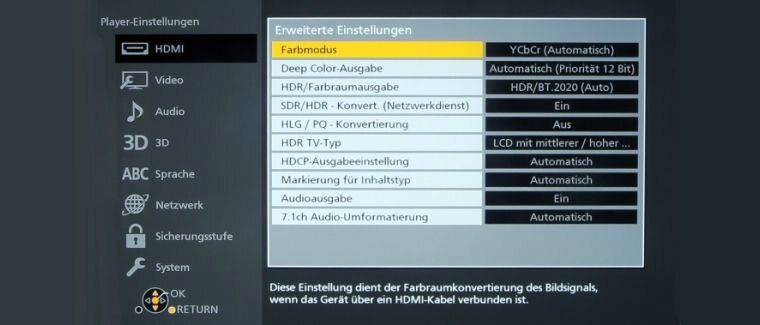 Onscreen-Menu des Blu-ray-Recorders Panasonic DP-UB824