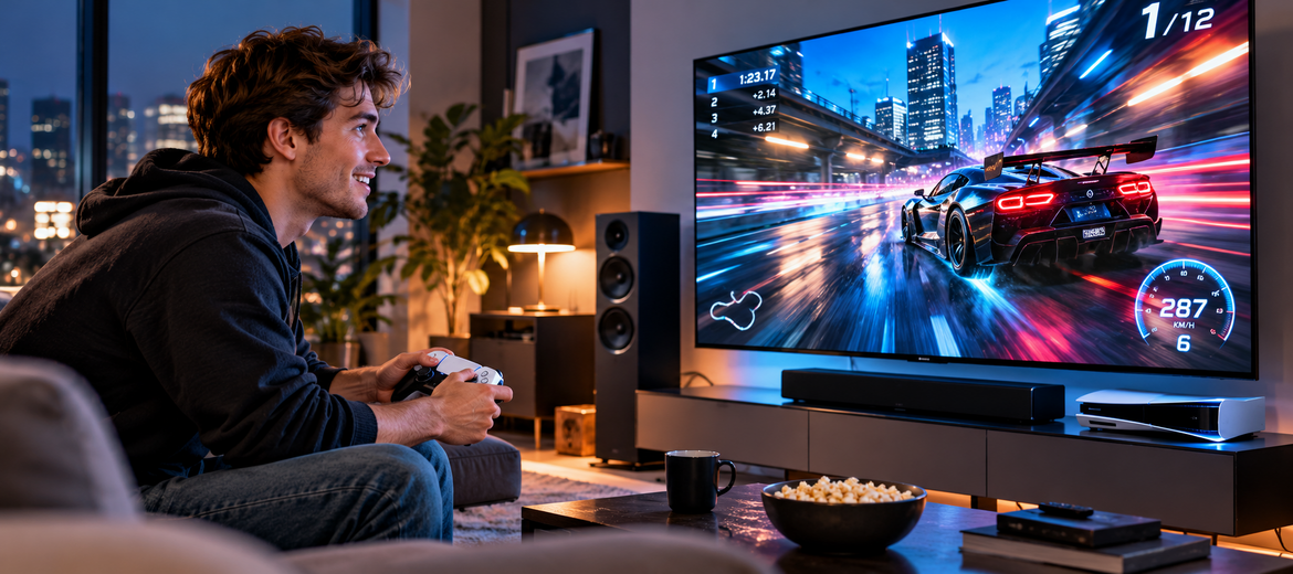Ein Gamer spielt im Wohnzimmer