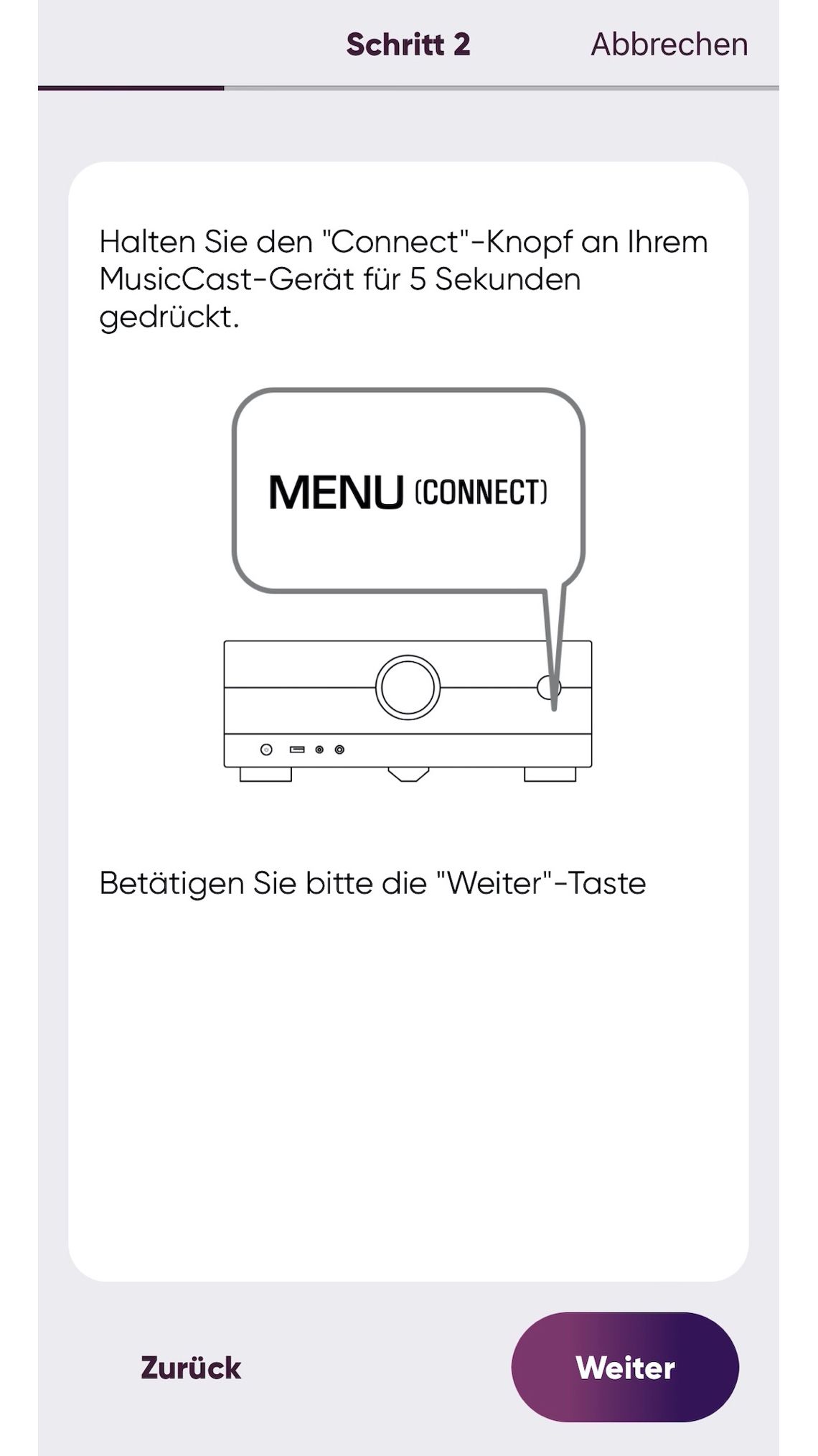 Im Falle eines Yamaha AV-Receivers die „Connect“-Taste auf der Gerätefront drücken