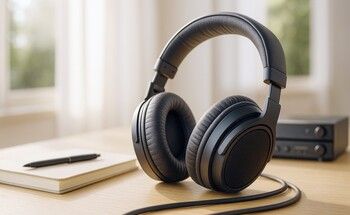 Kopfhörer mit Verstärker auf einem Schreibtisch