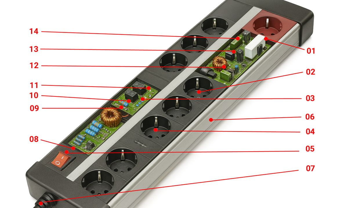 Explosionsbild einer hochwertigen Netzleiste