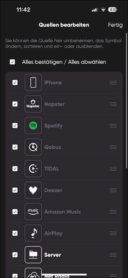 Screenshot Yamaha Musiccast-App: Verfügbare Quellen