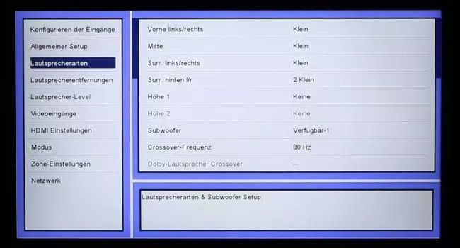 Die Lautsprecher-Konfiguration wird im Setup des AVRs festgelegt