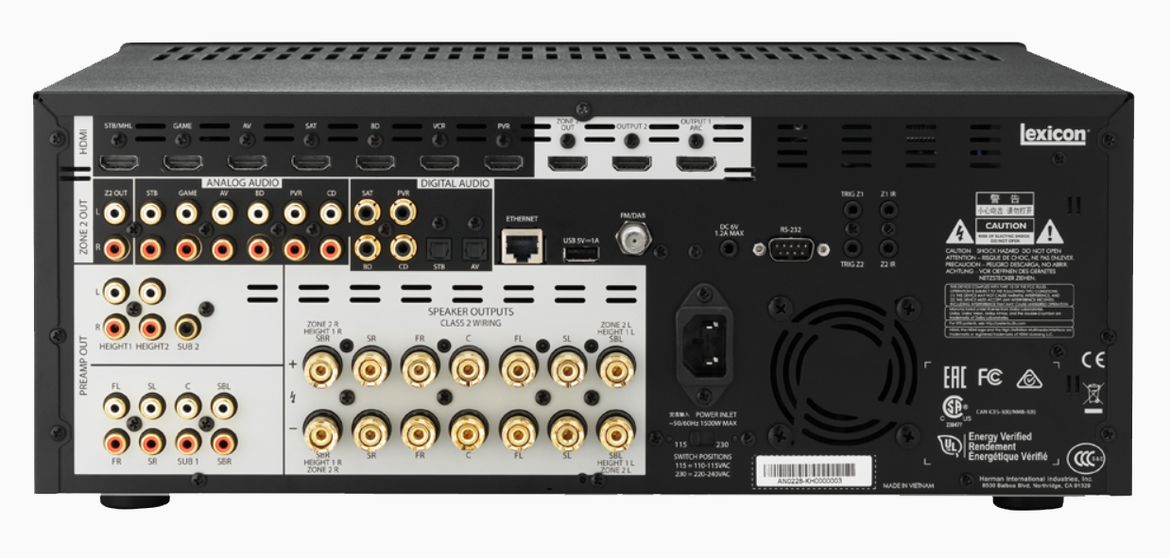 Blick auf die Rückseite des Lexicon-Flaggschiffs, dem Home Theater Receiver Lexicon RV 9