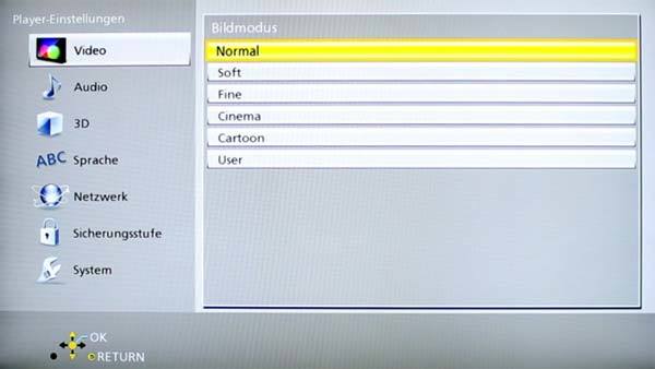 Menu mit Einstellungen für den Panasonic DMP-BDT 500